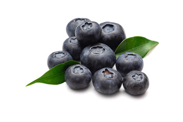 handful of fresh blueberries with green leaves on white background