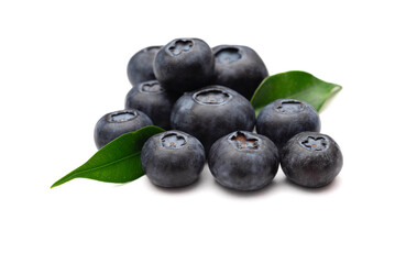 Cluster of Fresh Blueberries with Leaves on a white background