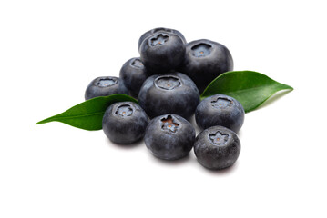 fresh blueberries with green leaves on white background