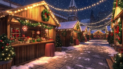 Fototapeta premium A festive market scene adorned with twinkling lights, decorations, and snow, creating a cozy holiday atmosphere.