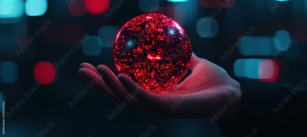 Poster a glowing red sphere with intricate patterns is held in a hand, surrounded by a blurred neon-lit bac