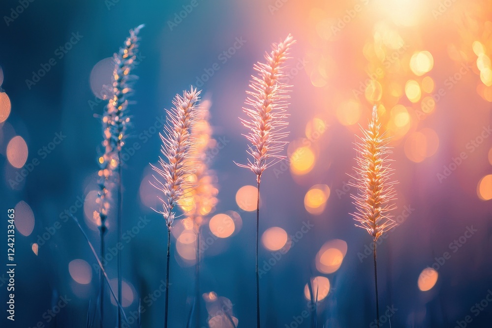 Poster delicate grass stalks shimmer in soft sunlight, surrounded by enchanting bokeh, creating a dreamy an