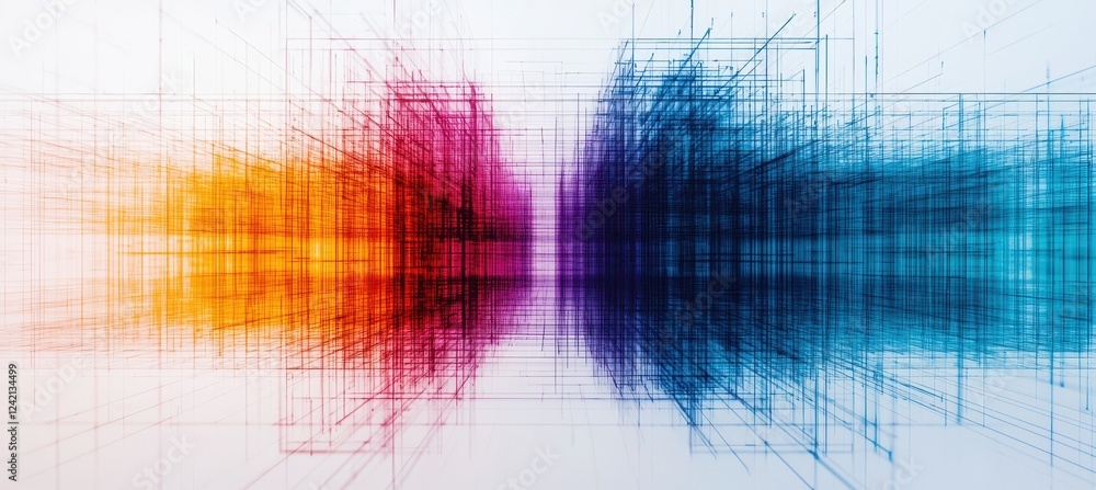 Poster a vibrant abstract design featuring colorful wave patterns in orange, pink, and blue, creating a dyn