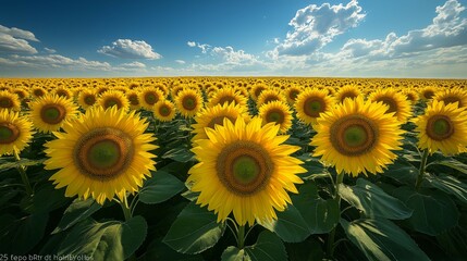 Fototapeta premium Vibrant sunflower field blooming under blue sky rural landscape nature photography scenic view floral beauty