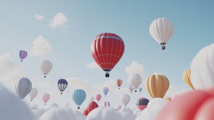 Colorful Hot Air Balloons Flying Above White Puffy Clouds