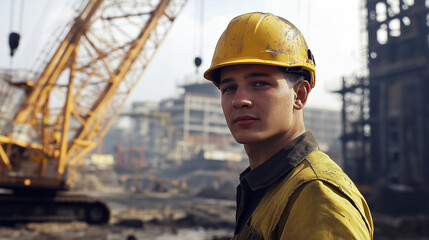 Confident Young Construction Worker In Yellow Safety Gear Standing At A Busy Industrial Site