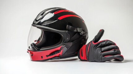 Black and Red Motorcycle Helmet with Gloves on White Background