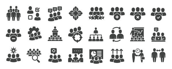 Business team glyph solid icons collection. Containing teamwork, management, group, organisation. Minimal icon and symbol series vector illustration