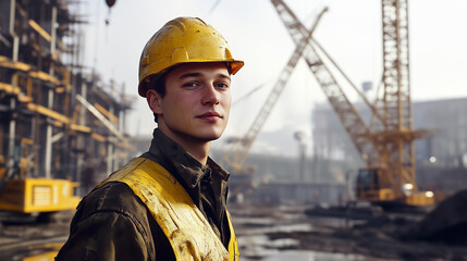 Confident Young Construction Worker In Yellow Safety Gear Standing At A Busy Industrial Site