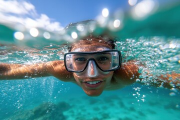 Naklejka premium A cheerful child is snorkeling in tropical waters, wearing oversized goggles and enjoying the vibrant underwater scenery, embodying a spirit of exploration and fun.
