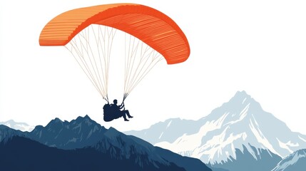 Paraglider Soaring Above Majestic Mountains with Bright Orange Canopy