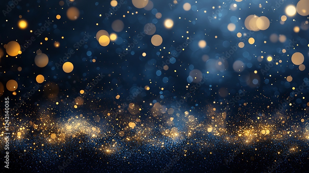 Poster a dark, moody abstract background with navy blue and gold particles, creating a shimmering christmas