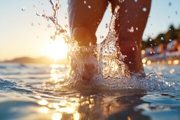A close-up view of feet splashing in the water captures the essence of joy and freedom experienced during a serene sunset walk along the sandy beach.