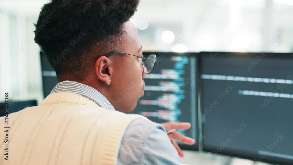 Poster Screen, developer or man on computer for coding research, it support project or cybersecurity update. Scroll, back or programmer on technology for web development, programming or building software