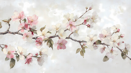 Fototapeta premium Blossoming cherry tree branch adorns a stark white backdrop; delicate pink and white petals dance in full bloom, capturing spring's ephemeral beauty. Ephemeral Aesthetic. Illustration