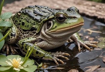 Obraz premium Close-up of a Green Frog Sitting on a Lily Pad in a Pond