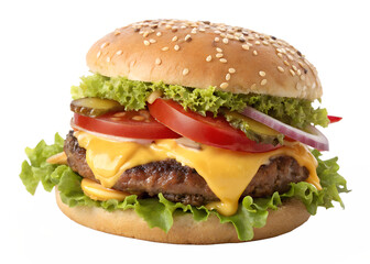 Juicy cheeseburger layered with fresh vegetables and creamy cheese on a sesame seed bun served on a plate transparent background png