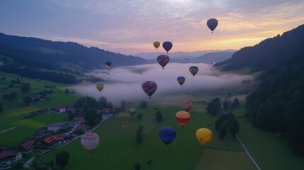 Naklejka premium Colorful Hot Air Balloons Flying Over Misty Valley at Sunrise