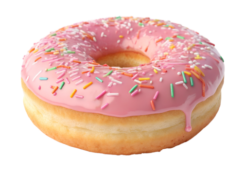 Colorful donut with pink icing and sprinkles on a white background perfect for cravings and desserts at any time of day transparent background png