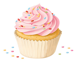 Soft vanilla cupcake topped with vibrant pink frosting and colorful sprinkles on a clean background transparent background png