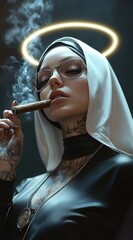 A striking figure portrays a nun with tattoos and glasses smoking a cigar. The dimly lit backdrop enhances the contrast of the white headpiece and the glowing halo, creating a captivating aura
