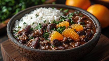 Fototapeta premium A Brazilian feijoada served with rice and oranges