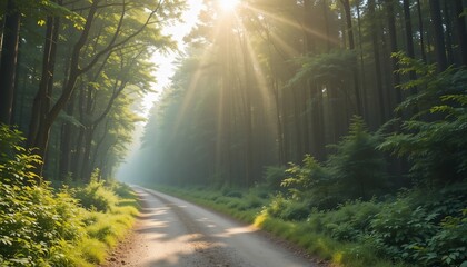 Obraz premium Sunbeams Forest Path Nature Trail Sunrise Trees Road Green Summer Sunlight Mystical Scenic