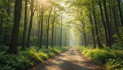 Fototapeta premium Sunlit Forest Path Nature Trail Trees Sunlight Green Tranquil Peaceful Spring Summer Woodland