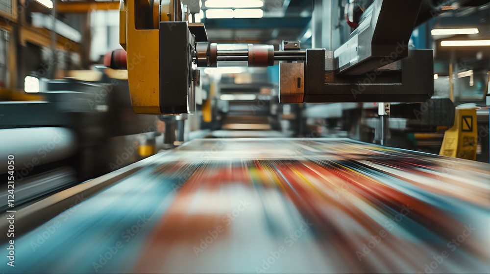 Fototapete speed motion large scale automated printing press book, design production, with vibrant colorful ink