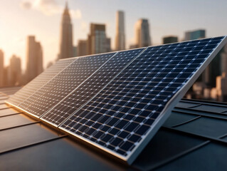 Fototapeta premium Solar panels on a rooftop against a city skyline at sunset.