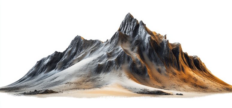 Isolated 3D render of a majestic mountain range with snow-capped peaks and golden slopes against a white background.