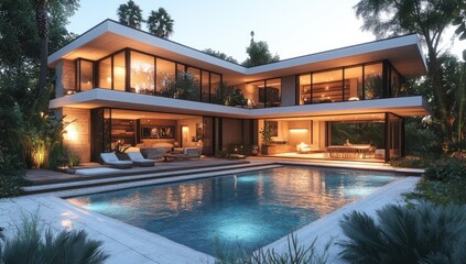 Fototapeta premium Modern house with a pool at dusk. The house is two stories with large windows and a flat roof. The pool is surrounded by a white patio. The scene is lit by warm interior lighting and soft exterior