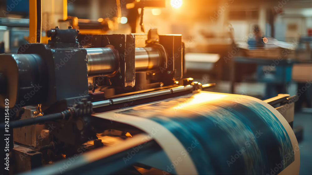 Fototapete speed motion large scale automated printing press book, design production, with vibrant colorful ink