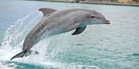 Naklejka premium Dolphin leaps gracefully over calm ocean waters during bright daylight near coastal shore