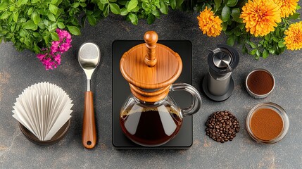 Top-down composition of an artisanal coffee brewing set displayed with elegance on a stone countertop, featuring a coffee maker, paper filters, freshly ground coffee, precision scale, stirring spoon, 