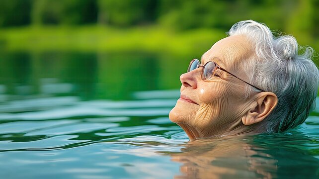 Elderly Wellness senior woman enjoying a morning swim in a calm pool, feeling refreshed.