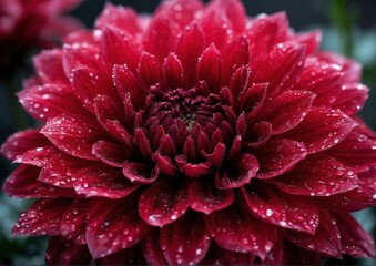 Red Dahlia Flower with Dewdrops in Soft Focus. Perfect for nature-themed designs, floral backgrounds, or spring-inspired marketing materials highlighting natural beauty and elegance