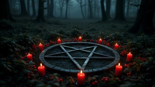 Mystical pentagram ritual setting in dark misty forest with red candles and berries. Perfect for Halloween, Samhain, Wiccan ceremonies, occult practices and gothic horror theme