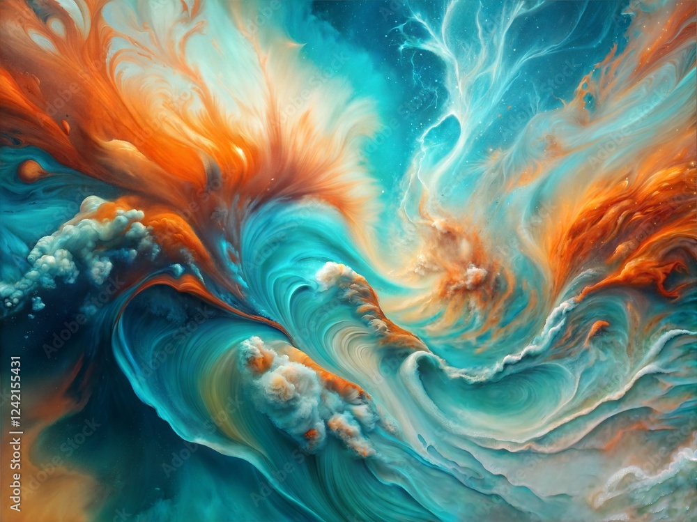 Poster abstract background featuring swirling clouds of blue, orange, and white. perfect for adding a dynam