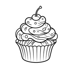 Line Art Drawing of a Cupcake with Cherry