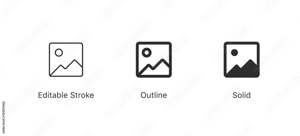 Poster gallery icon vector set, photo album icon, image picture symbol. thin line gallery photo outline ico