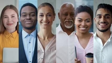 A group of five professionals stands together in an office, smiling and showcasing their camaraderie and positivity.