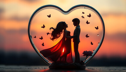 Valentine's Day scene - Toy figurines of a young couple inside a glass heart..