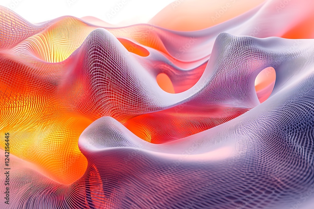 Poster a digital 3d landscape where smooth, abstract forms twist and flow in continuous motion, offering a 