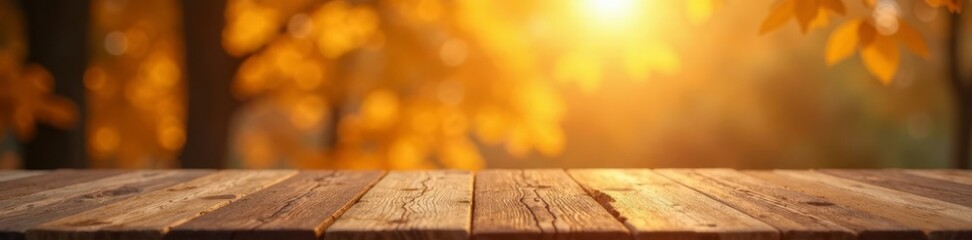 Naklejka premium shiny gold bokeh background with wooden table top in warm tones, table top, decorative, wood