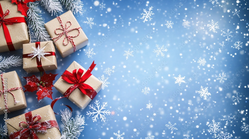 Poster christmas presents rest on a snowy blue backdrop with space for text