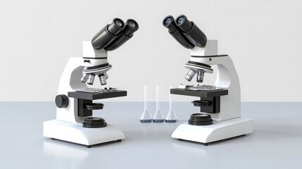 Two modern laboratory microscopes with glass flasks on a table