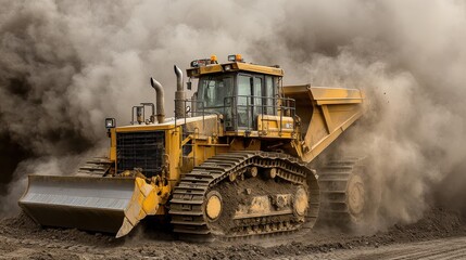 Heavy Duty Bulldozer Working on Construction Site in Dusty Environment