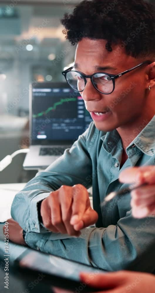 Poster confused, man and broker for finance in office of discussion, stock market doubt and problem solving