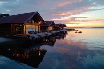 Fototapeta premium This tranquil image showcases stunning overwater villas bathed in the warm glow of sunset, casting beautiful reflections on the calm ocean surface with vibrant colors.